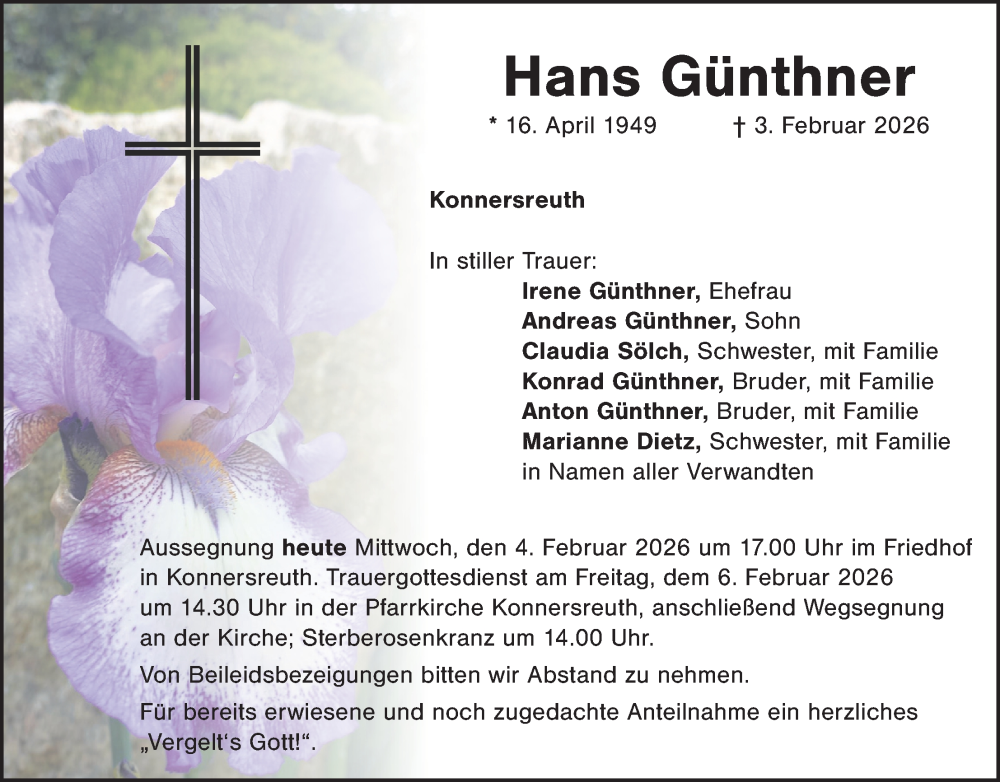  Traueranzeige für Hans Günthner vom 04.02.2026 aus Tirschenreuth + Eschenbach - Kemnath - Erbendorf