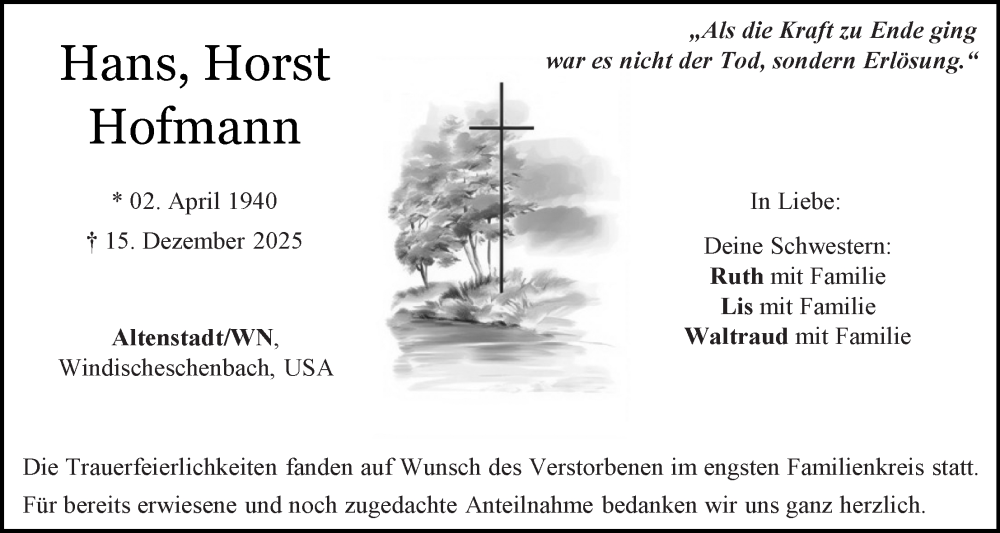  Traueranzeige für Hans Hofmann vom 04.02.2026 aus Hauptausgabe Weiden