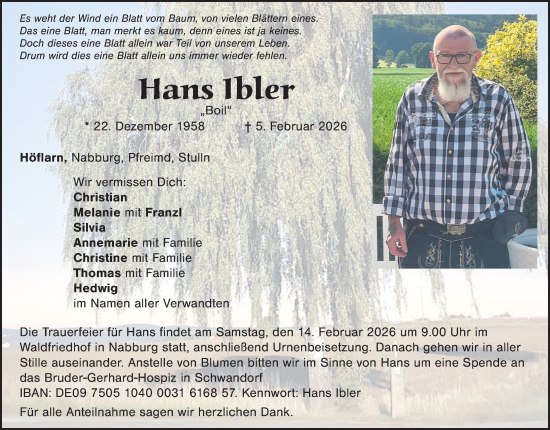 Traueranzeige von Hans Ibler von Landkreis Schwandorf