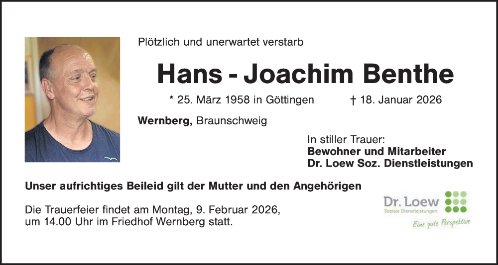  Traueranzeige für Hans-Joachim Benthe vom 07.02.2026 aus Landkreis Schwandorf