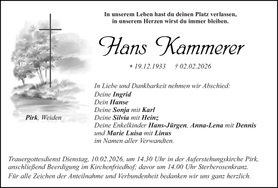Traueranzeige von Hans Kammerer von Hauptausgabe Weiden