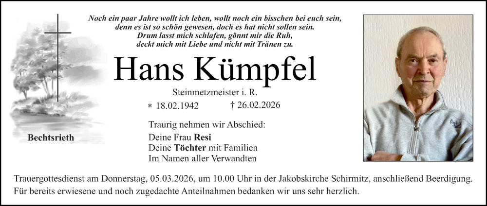  Traueranzeige für Hans Kümpfel vom 28.02.2026 aus Hauptausgabe Weiden