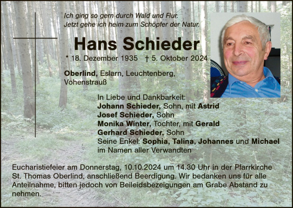  Traueranzeige für Hans Schieder vom 08.10.2024 aus Hauptausgabe Weiden