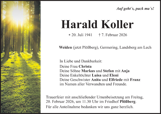 Traueranzeige von Harald Koller von Hauptausgabe Weiden