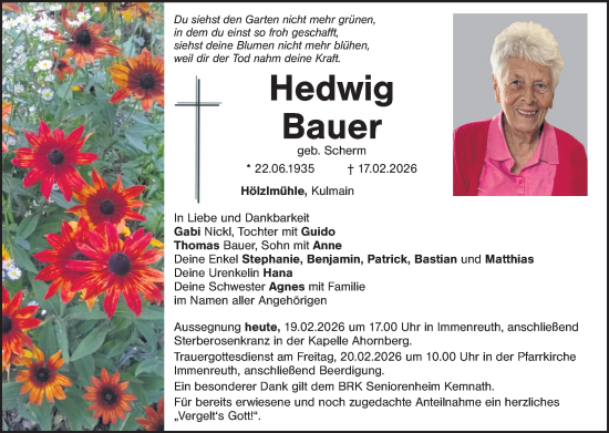 Traueranzeige von Hedwig Bauer von Tirschenreuth + Eschenbach - Kemnath - Erbendorf
