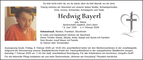 Traueranzeige von Hedwig Bayerl von Hauptausgabe Weiden