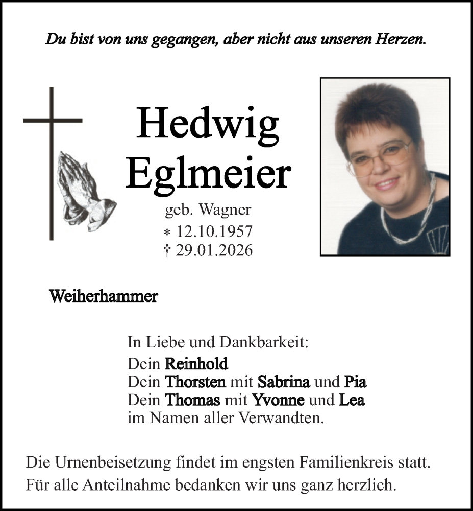  Traueranzeige für Hedwig Eglmeier vom 07.02.2026 aus Hauptausgabe Weiden