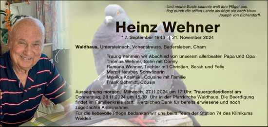 Traueranzeige von Heinz Wehner von Landkreis Schwandorf und Vohenstrauß