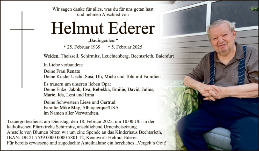  Traueranzeige für Helmut Ederer vom 12.02.2025 aus Hauptausgabe Weiden