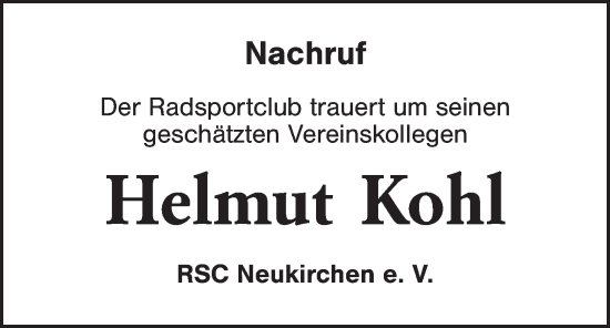 Traueranzeige von Helmut Kohl von Hauptausgabe Amberg