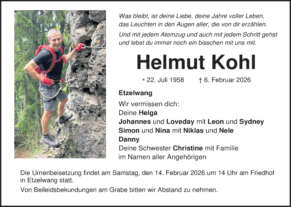  Traueranzeige für Helmut Kohl vom 11.02.2026 aus Hauptausgabe Amberg