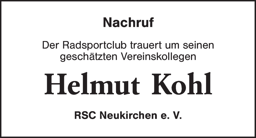  Traueranzeige für Helmut Kohl vom 11.02.2026 aus Hauptausgabe Amberg
