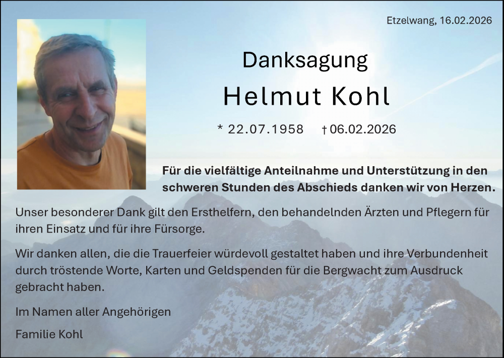  Traueranzeige für Helmut Kohl vom 21.02.2026 aus Hauptausgabe Amberg