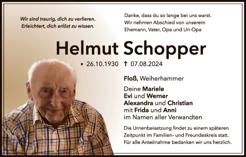  Traueranzeige für Helmut Schopper vom 17.08.2024 aus Hauptausgabe Weiden
