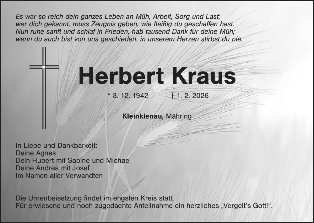  Traueranzeige für Herbert Kraus vom 05.02.2026 aus Tirschenreuth + Eschenbach - Kemnath - Erbendorf