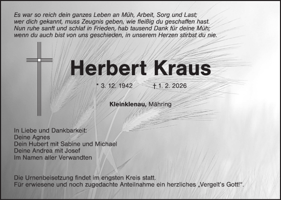 Traueranzeige von Herbert Kraus von Tirschenreuth + Eschenbach - Kemnath - Erbendorf
