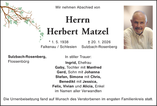 Traueranzeige von Herbert Matzel von Hauptausgabe Amberg