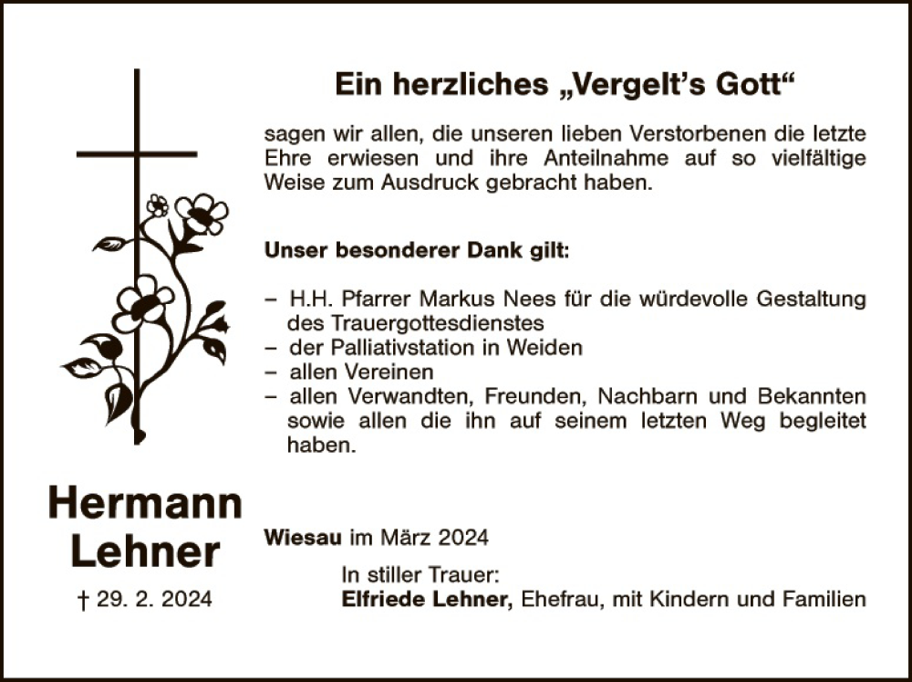  Traueranzeige für Hermann Lehner vom 16.03.2024 aus Hauptausgabe Weiden