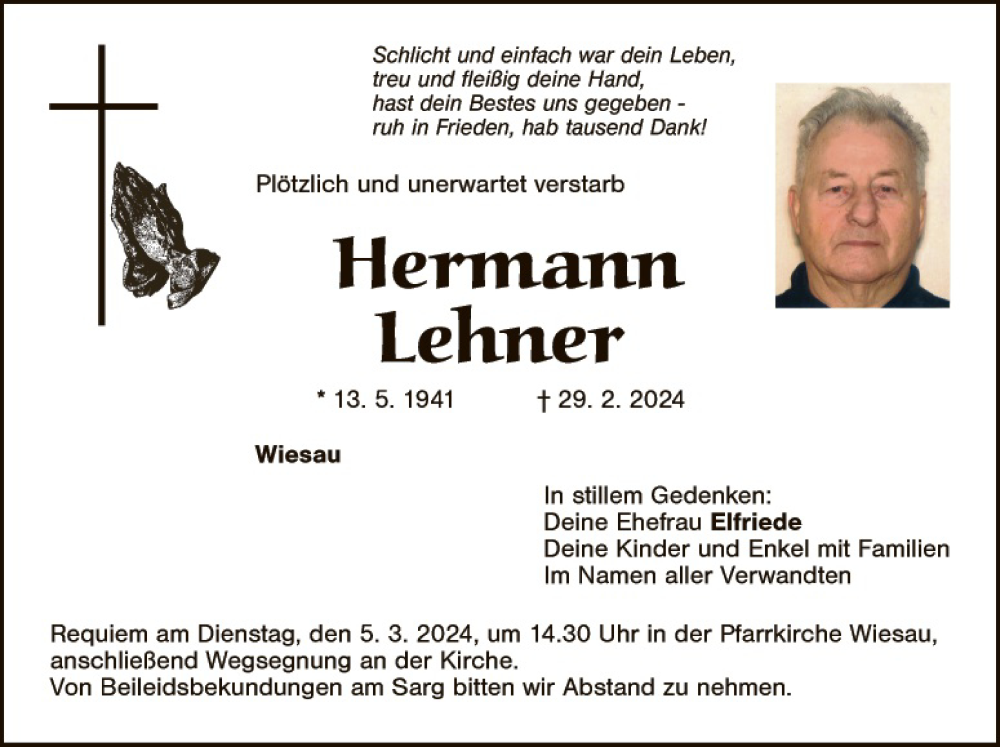  Traueranzeige für Hermann Lehner vom 02.03.2024 aus Hauptausgabe Weiden