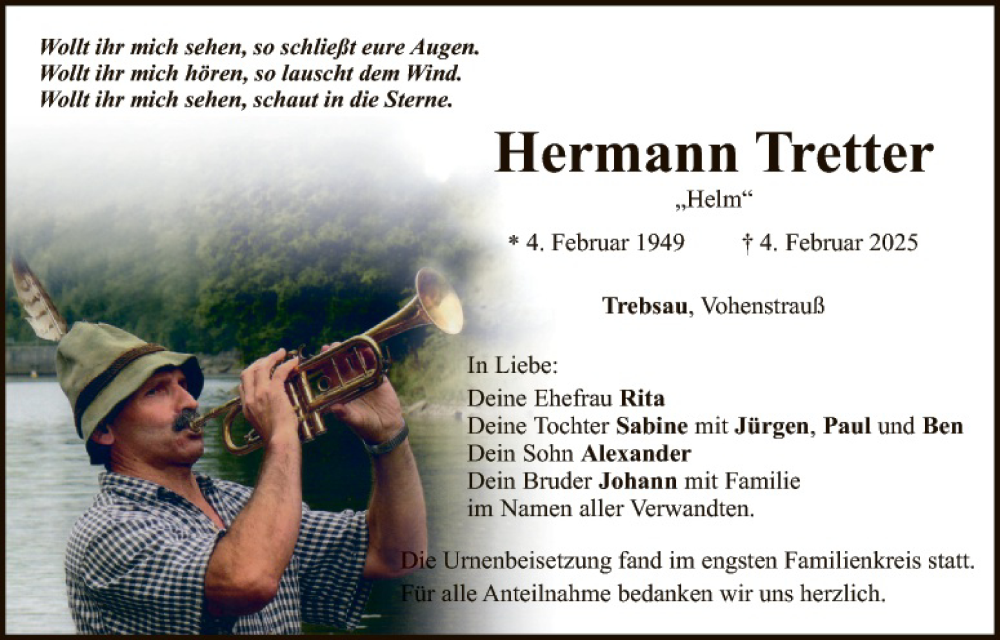  Traueranzeige für Hermann Tretter vom 22.02.2025 aus Hauptausgabe Weiden