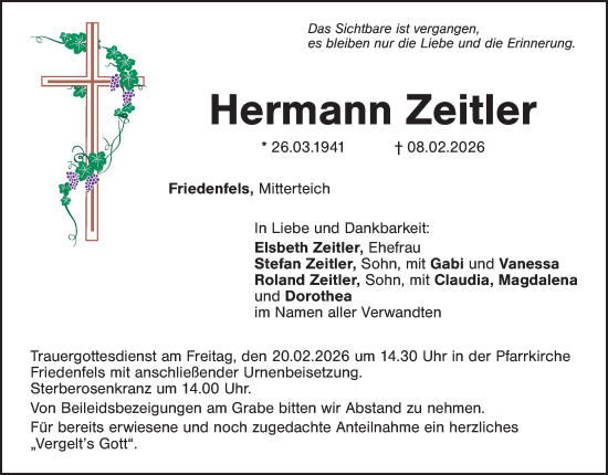 Traueranzeige von Hermann Zeitler von Tirschenreuth + Eschenbach - Kemnath - Erbendorf