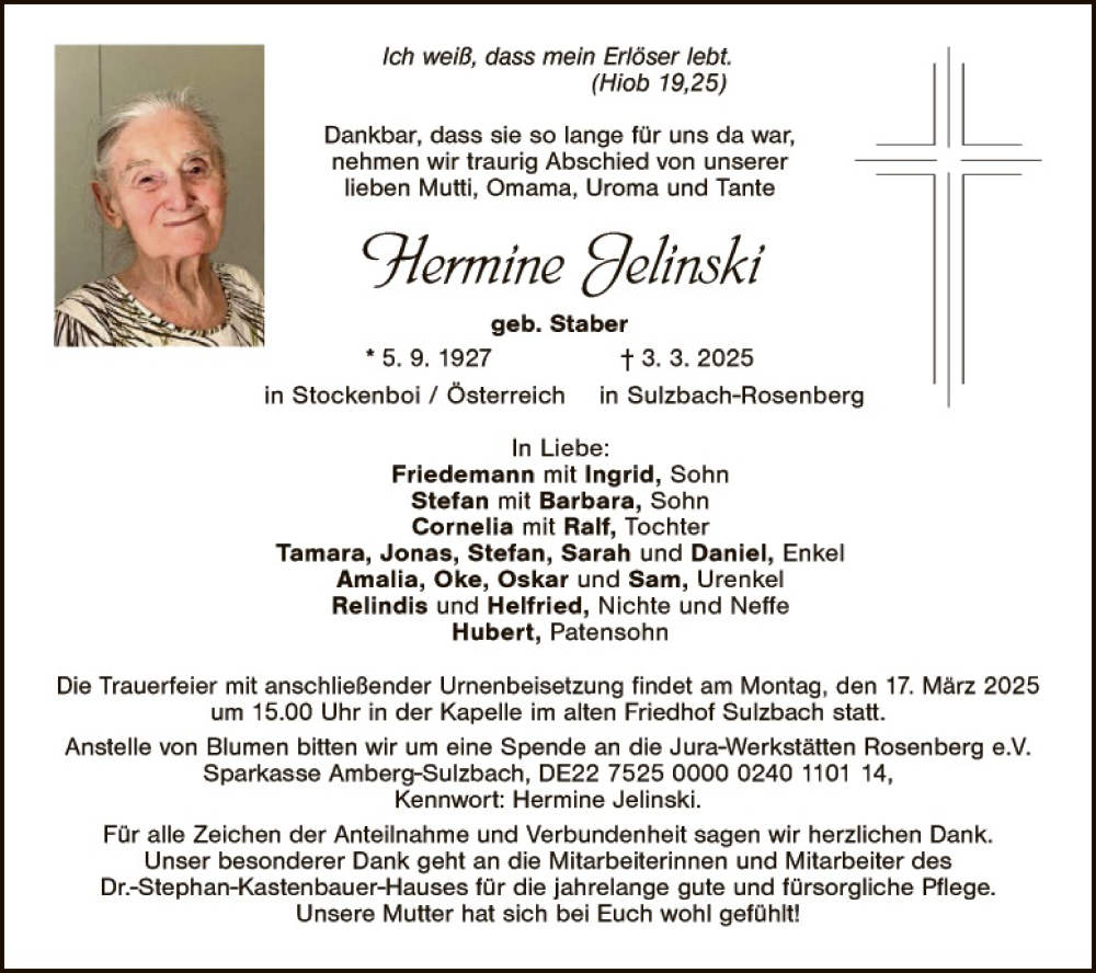  Traueranzeige für Hermine Jelinski vom 08.03.2025 aus Hauptausgabe Amberg