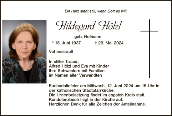 Traueranzeige von Hildegard Hölzl von Hauptausgabe Weiden