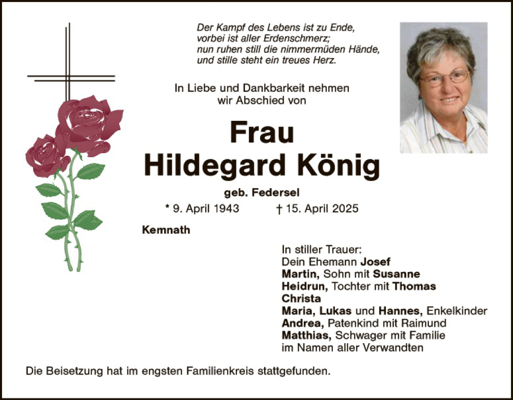  Traueranzeige für Hildegard König vom 13.05.2025 aus Tirschenreuth + Eschenbach - Kemnath - Erbendorf
