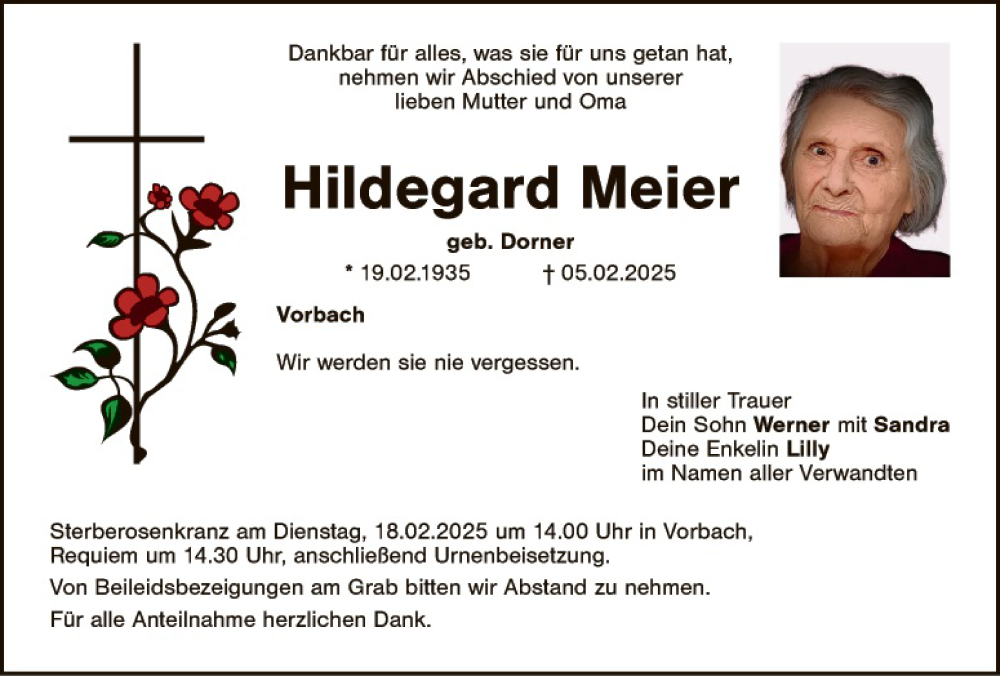  Traueranzeige für Hildegard Meier vom 15.02.2025 aus Tirschenreuth + Eschenbach - Kemnath - Erbendorf