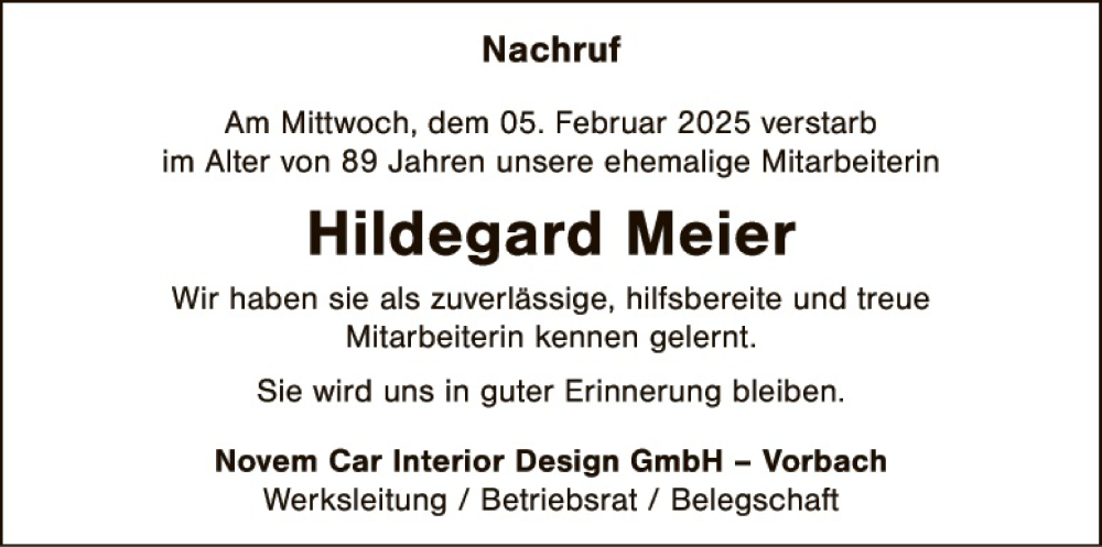  Traueranzeige für Hildegard Meier vom 18.02.2025 aus Eschenbach - Kemnath - Erbendorf