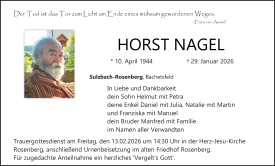 Traueranzeige von Horst Nagel von Hauptausgabe Amberg