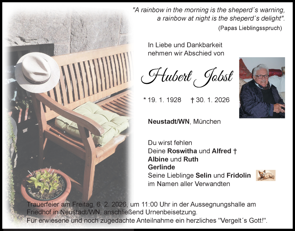  Traueranzeige für Hubert Jobst vom 04.02.2026 aus Hauptausgabe Weiden