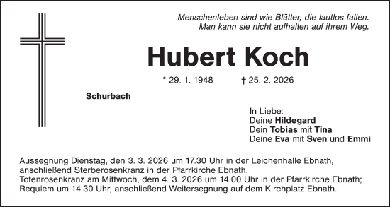 Traueranzeige von Hubert Koch von Tirschenreuth + Eschenbach - Kemnath - Erbendorf