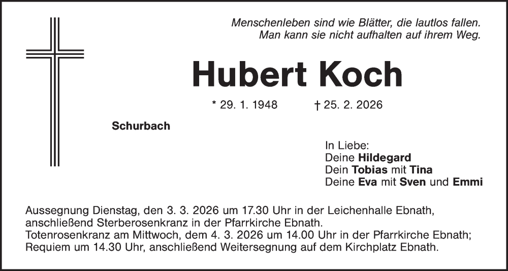  Traueranzeige für Hubert Koch vom 28.02.2026 aus Tirschenreuth + Eschenbach - Kemnath - Erbendorf