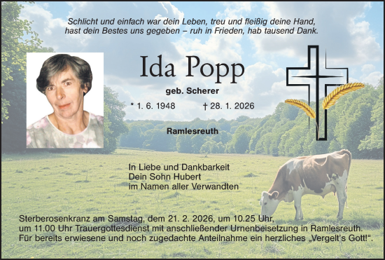 Traueranzeige von Ida Popp von Hauptausgabe Weiden