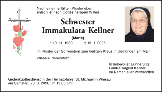 Traueranzeige von Immakulata Kellner von Tirschenreuth + Eschenbach - Kemnath - Erbendorf