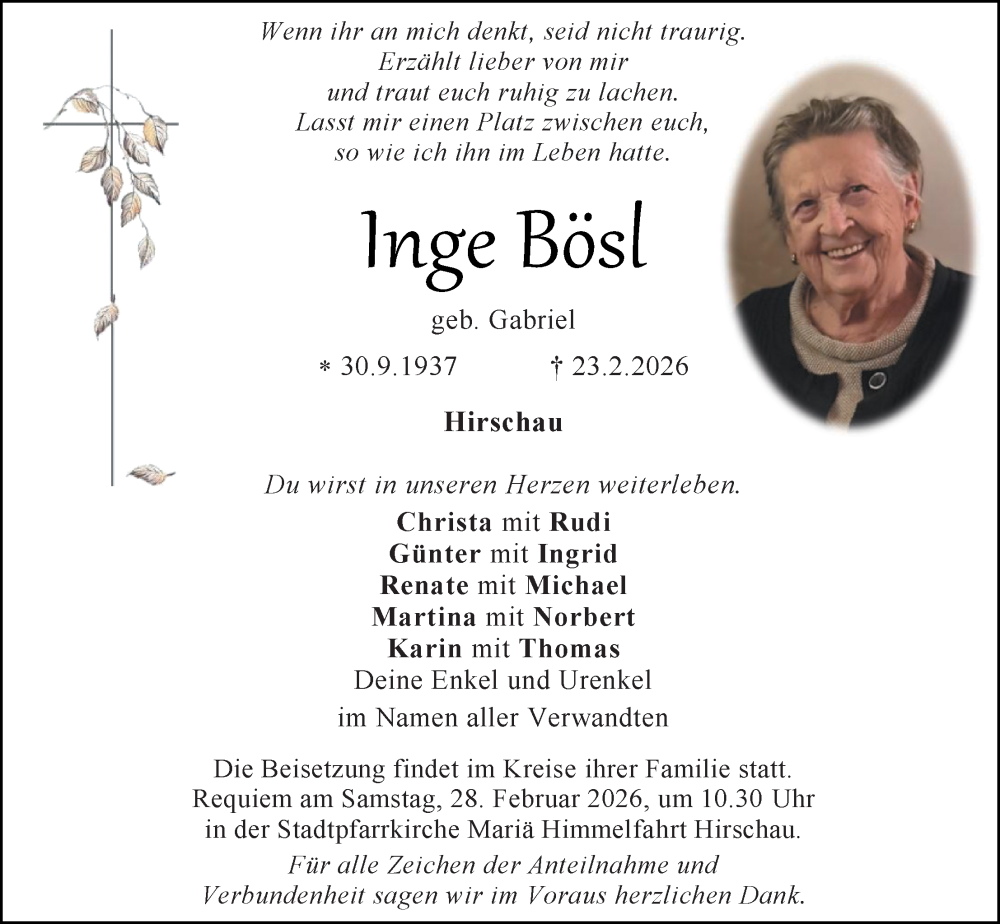  Traueranzeige für Inge Bösl vom 26.02.2026 aus Hauptausgabe Amberg