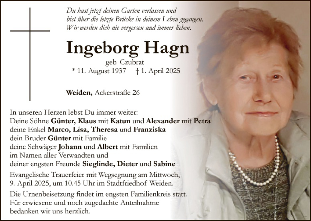  Traueranzeige für Ingeborg Hagn vom 05.04.2025 aus Hauptausgabe Weiden