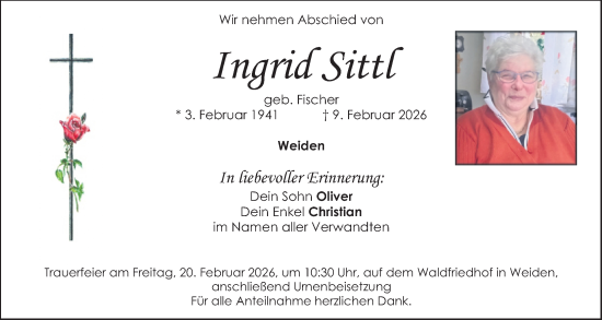 Traueranzeige von Ingrid Sittl von Hauptausgabe Weiden