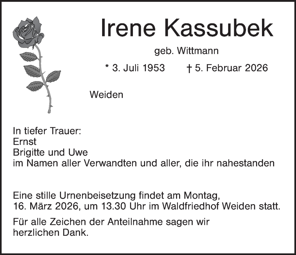  Traueranzeige für Irene Kassubek vom 14.02.2026 aus Hauptausgabe Weiden
