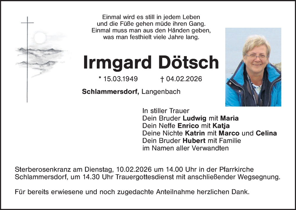  Traueranzeige für Irmgard Dötsch vom 07.02.2026 aus Tirschenreuth + Eschenbach - Kemnath - Erbendorf