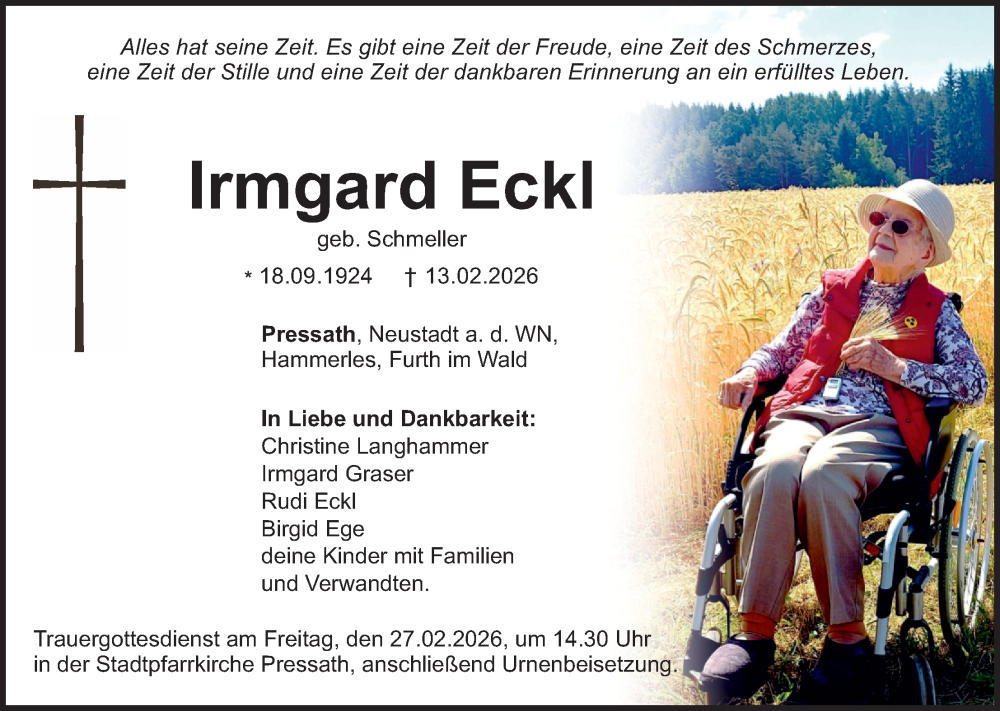  Traueranzeige für Irmgard Eckl vom 21.02.2026 aus Hauptausgabe Weiden