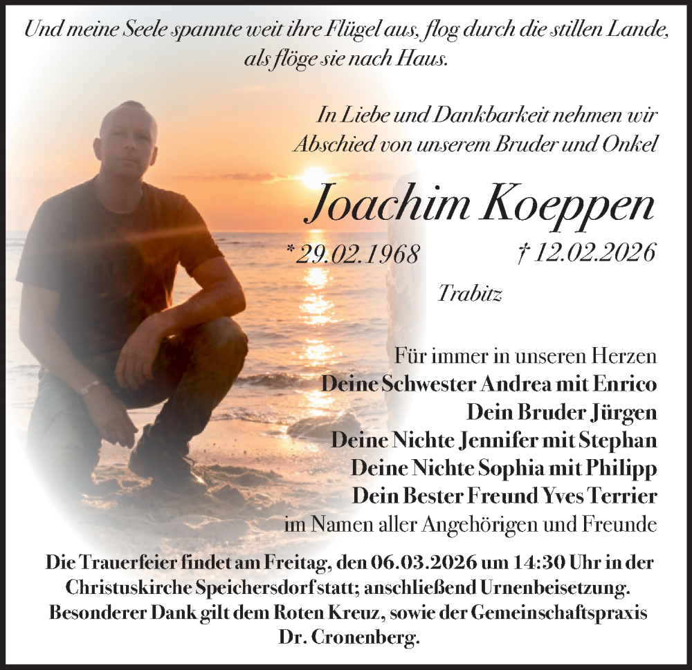  Traueranzeige für Joachim Koeppen vom 28.02.2026 aus Tirschenreuth + Eschenbach - Kemnath - Erbendorf