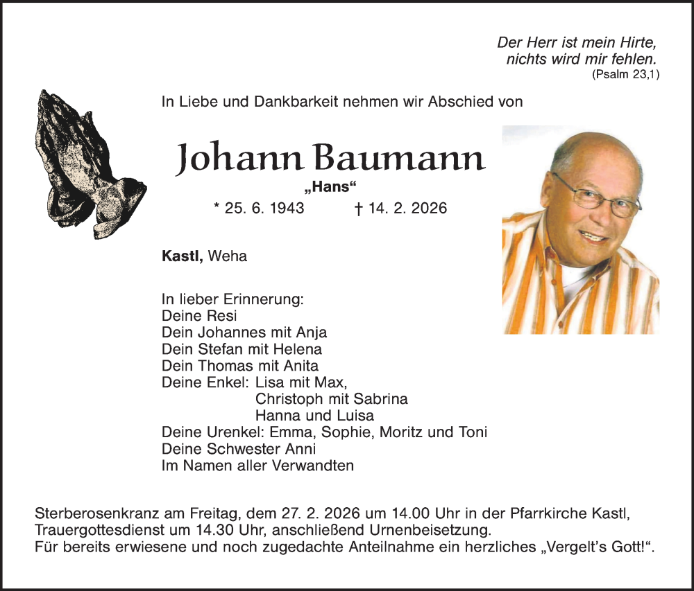  Traueranzeige für Johann Baumann vom 25.02.2026 aus Tirschenreuth + Eschenbach - Kemnath - Erbendorf