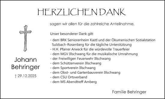 Traueranzeige von Johann Behringer von Hauptausgabe Amberg