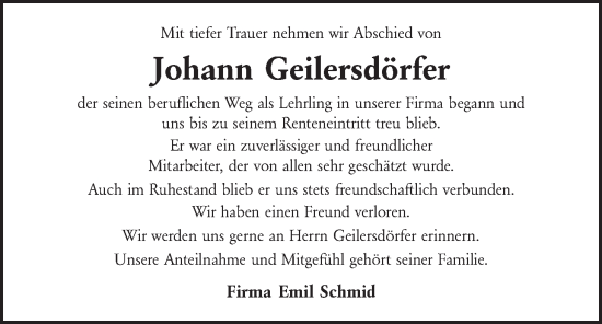 Traueranzeige von Johann Geilersdörfer von Hauptausgabe Amberg