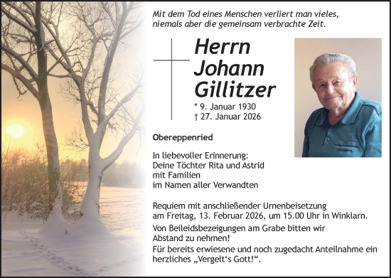 Traueranzeige von Johann Gillitzer von Landkreis Schwandorf