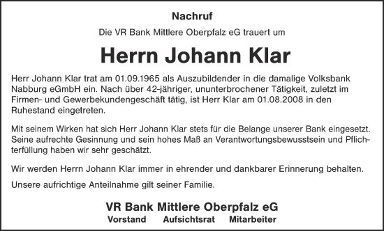 Traueranzeige von Johann Klar von Landkreis Schwandorf