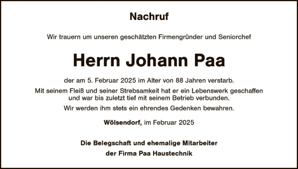  Traueranzeige für Johann Paa vom 18.02.2025 aus Landkreis Schwandorf
