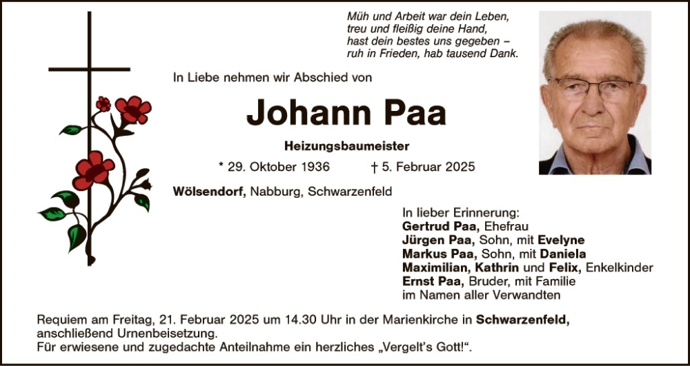  Traueranzeige für Johann Paa vom 18.02.2025 aus Landkreis Schwandorf